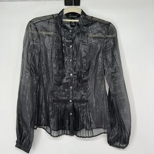 Club Monaco Sheer Metallic Thread Button Up Blouse Top Womens Sz S Black Silver
